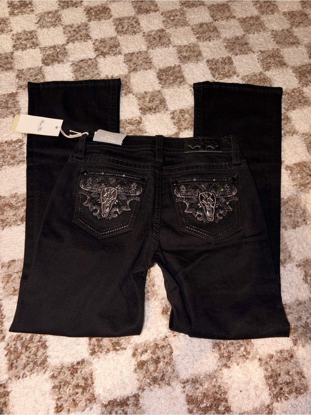 Women’s Black Miss Me Flare/Bootcut Embellished Back-Pocket Jeans